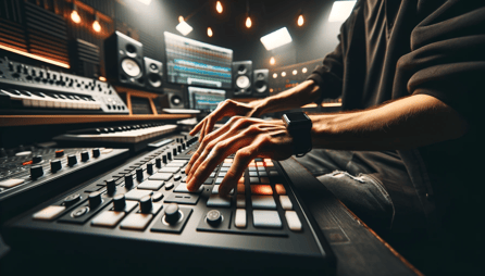 DALL·E 2023-11-29 14.45.02 - Wide angle view of a music producers hands skillfully playing on a drum pad controller, surrounded by various music production tools in a studio. The