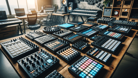 DALL·E 2023-11-29 14.45.04 - Wide view of a diverse array of drum pads and electronic percussion instruments on a table, showcasing different types of drum machines and MIDI contr