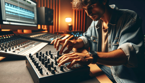 DALL·E 2023-11-29 14.45.07 - An electronic music producer creating a drum pattern on a drum machine, focusing on the hands adjusting knobs and buttons, in a modern studio setting