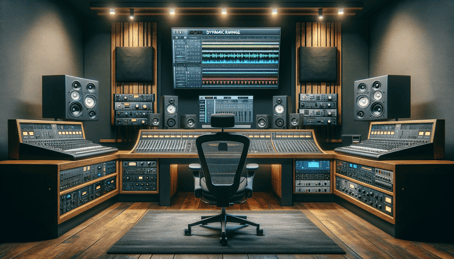 Wide angle view of a modern music production studio focused on dynamic range compression. The studio is equipped with high-end compressors, audio inte