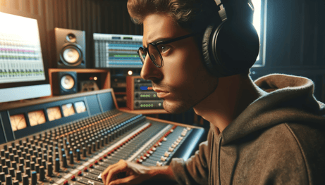 Wide shot of a music producer in a studio listening intently through headphones, analyzing the impact of compression on a track. The focus is on the p