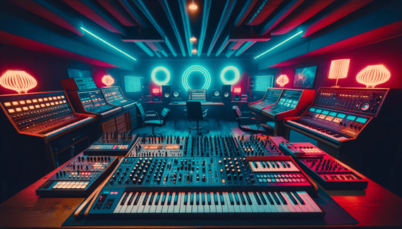 DALL·E 2024-01-24 09.35.47 - Wide view of a music production studio focused on creating Synthwave music. The studio is filled with vintage synthesizers, drum machines, and neon li