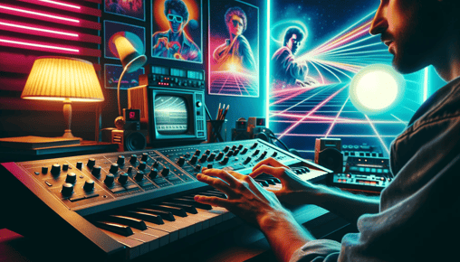 DALL·E 2024-01-24 09.35.51 - A musician composing Synthwave music on a vintage synthesizer, surrounded by neon lights and retro decorations. The scene captures the artist deeply e