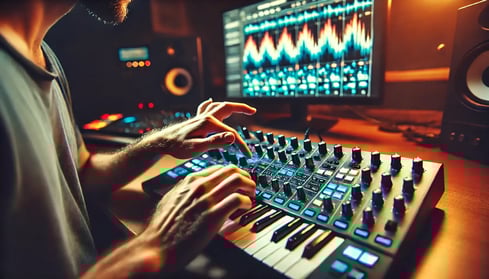 DALL·E 2024-11-05 11.52.16 - A close-up view of a Future Bass music producer working on a track, focusing on adjusting a complex synth patch on a synthesizer. The image captures t