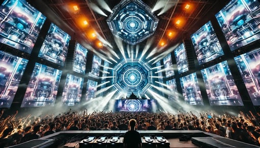 DALL·E 2024-11-05 11.52.19 - Wide angle view of a live EDM festival stage, focusing on a Future Bass performance. The stage is set with dynamic lighting and visual effects that pu