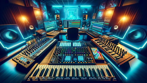 DALL·E 2024-02-21 12.51.22 - Wide view of a vibrant EDM production studio, showcasing modern electronic music equipment. The studio is filled with synthesizers, drum machines, and