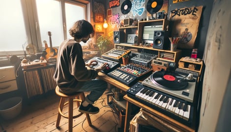 DALL·E 2024-02-07 13.45.31 - A music producer in a home studio working on Lo-Fi Hip Hop, with a wide angle view showing the producer using vintage equipment like a drum machine, s