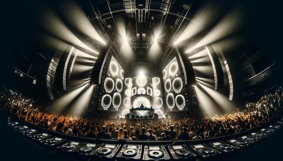 DALL·E 2024-03-20 11.14.08 - Wide angle view of an energetic EDM concert, showcasing the powerful impact of bass. The stage is illuminated with dynamic lighting, with a DJ in the 