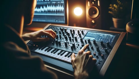 DALL·E 2024-03-06 14.51.09 - A music producer working with a digital synthesizer in a studio, focusing on creating unique EDM sounds. The image shows the producers hands adjustin