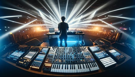 DALL·E 2024-03-06 14.51.17 - Wide angle view of an EDM artist performing live on stage, using a variety of digital synthesizers and electronic equipment. The scene captures the dy
