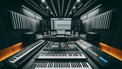 DALL·E 2024-04-03 13.47.49 - Wide angle view of an EDM production studio, focusing on the process of layering sounds. The studio is equipped with multiple synthesizers, audio inte