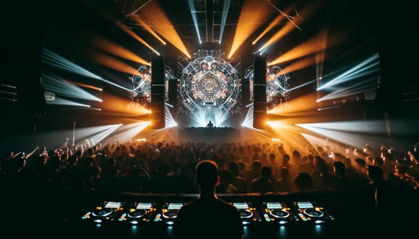 DALL·E 2024-04-03 13.47.52 - Wide shot of a live EDM performance, showcasing the impact of sound layering. The stage is lit with vibrant lights and visuals, highlighting the DJ su