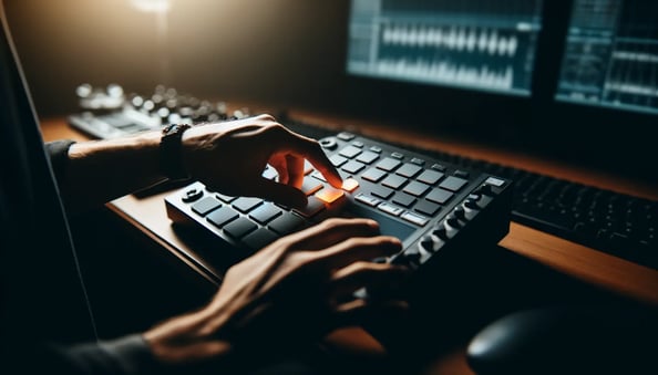 DALL·E 2024-05-29 13.22.54 - A close-up view of an EDM producers hands working on a drum machine during a studio session. The focus is on the interaction between the fingers and 