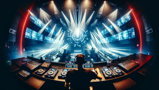DALL·E 2024-05-29 13.23.01 - Wide angle view of a live EDM performance focusing on the dynamic rhythm and beats. The stage features a DJ interacting with a variety of electronic d