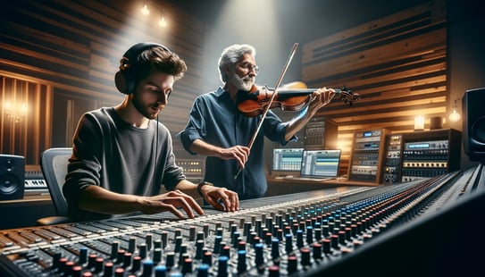 DALL·E 2024-05-01 14.33.19 - An EDM producer collaborating with a classical musician in a recording session. The image shows the producer at a mixing desk and the classical musici