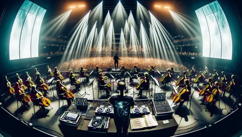 DALL·E 2024-05-01 14.33.25 - Wide angle view of a live concert showcasing the fusion of EDM and classical music. The stage features a DJ with electronic turntables and a group of 
