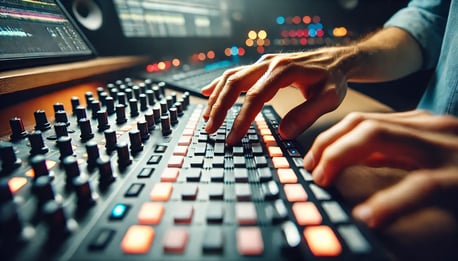 DALL·E 2024-06-26 11.11.58 - A close-up view of an EDM producers hands manipulating a mixer and MIDI controller to create a build-up in a track. The focus is on the interaction b