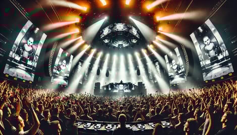 DALL·E 2024-06-26 11.12.01 - Wide angle view of a live EDM performance capturing the moment of a dramatic build-up. The stage is lit with intense lighting and visual effects, focu