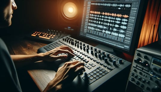 DALL·E 2024-06-12 15.16.45 - A close-up view of an EDM producer working on vocal editing at a digital audio workstation. The focus is on the producers hands adjusting the vocal t