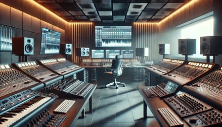DALL·E 2024-07-10 13.25.58 - Wide view of a modern music production studio dedicated to trance music. The studio is equipped with state-of-the-art synthesizers, mixing consoles, a