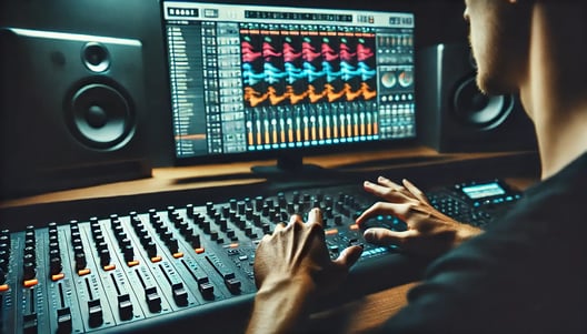 DALL·E 2024-07-10 13.26.04 - A trance music producer fine-tuning a track in a studio, focusing on a digital audio workstation (DAW). The image shows the producers hands adjusting