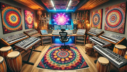 DALL·E 2024-07-24 13.50.06 - Wide view of a modern music production studio dedicated to Psytrance. The studio is equipped with electronic synthesizers, drum machines, and cultural