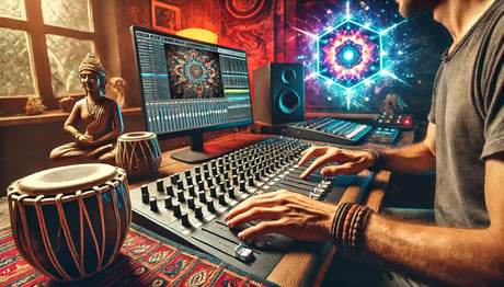 DALL·E 2024-07-24 13.50.10 - A Psytrance music producer working on a track in a studio, focusing on blending electronic beats with traditional cultural sounds. The image captures 