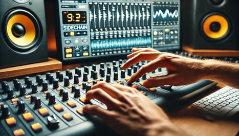 DALL·E 2024-08-07 12.56.43 - A close-up view of an EDM producers hands adjusting a compressor on a digital audio workstation during a sidechain compression setup. The focus is on