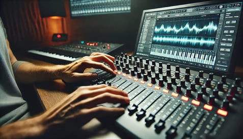 DALL·E 2024-08-21 14.51.12 - A close-up view of an EDM producers hands working on a digital audio workstation to integrate ambient sounds into a track. The focus is on the produc