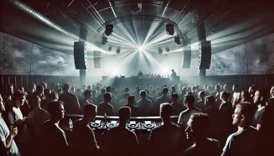 DALL·E 2025-01-10 01.47.43 - Wide angle view of a live Deep House event, capturing the soulful and immersive atmosphere. The stage is set with subtle lighting and visual effects t