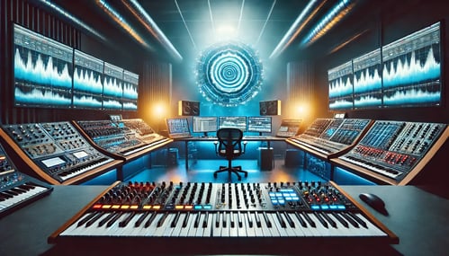 DALL·E 2025-02-07 00.58.20 - Wide view of an EDM production studio specializing in Melodic Dubstep. The studio is equipped with state-of-the-art synthesizers, large monitors displ