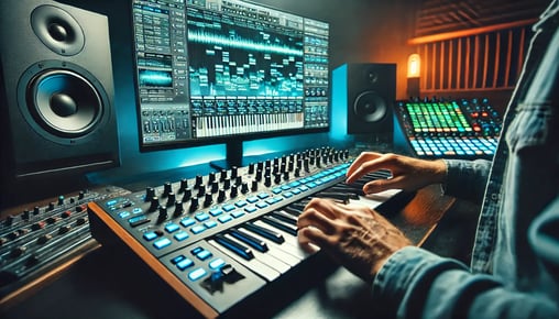 DALL·E 2025-02-07 00.58.21 - A close-up view of a Melodic Dubstep music producer working at a digital audio workstation. The focus is on the producers hands as they adjust settin