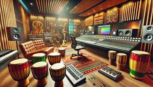 DALL·E 2025-03-17 23.19.09 - Wide view of a modern music production studio tailored for Afrobeats production. The studio is equipped with traditional African instruments alongside