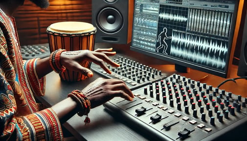 DALL·E 2025-03-17 23.19.10 - A close-up view of an Afrobeats music producer working at a digital audio workstation, integrating traditional African rhythms with electronic beats. 